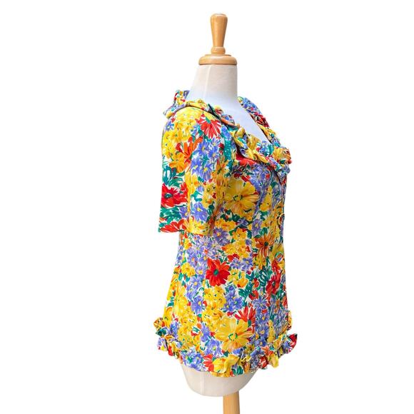 VTG Oscar de la Renta Studio Silk Blouse Top Jacket Small Floral Button Ruffles - Picture 7 of 14